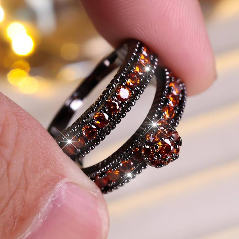 Modisches 2-teiliges Set mit blumenförmigen Zirkonia-Ringen für Frauen, luxuriöse, elegante Verlobungsringe, Party-Schmuckgeschenke 8 rose rot/schwarz von Joom DACH