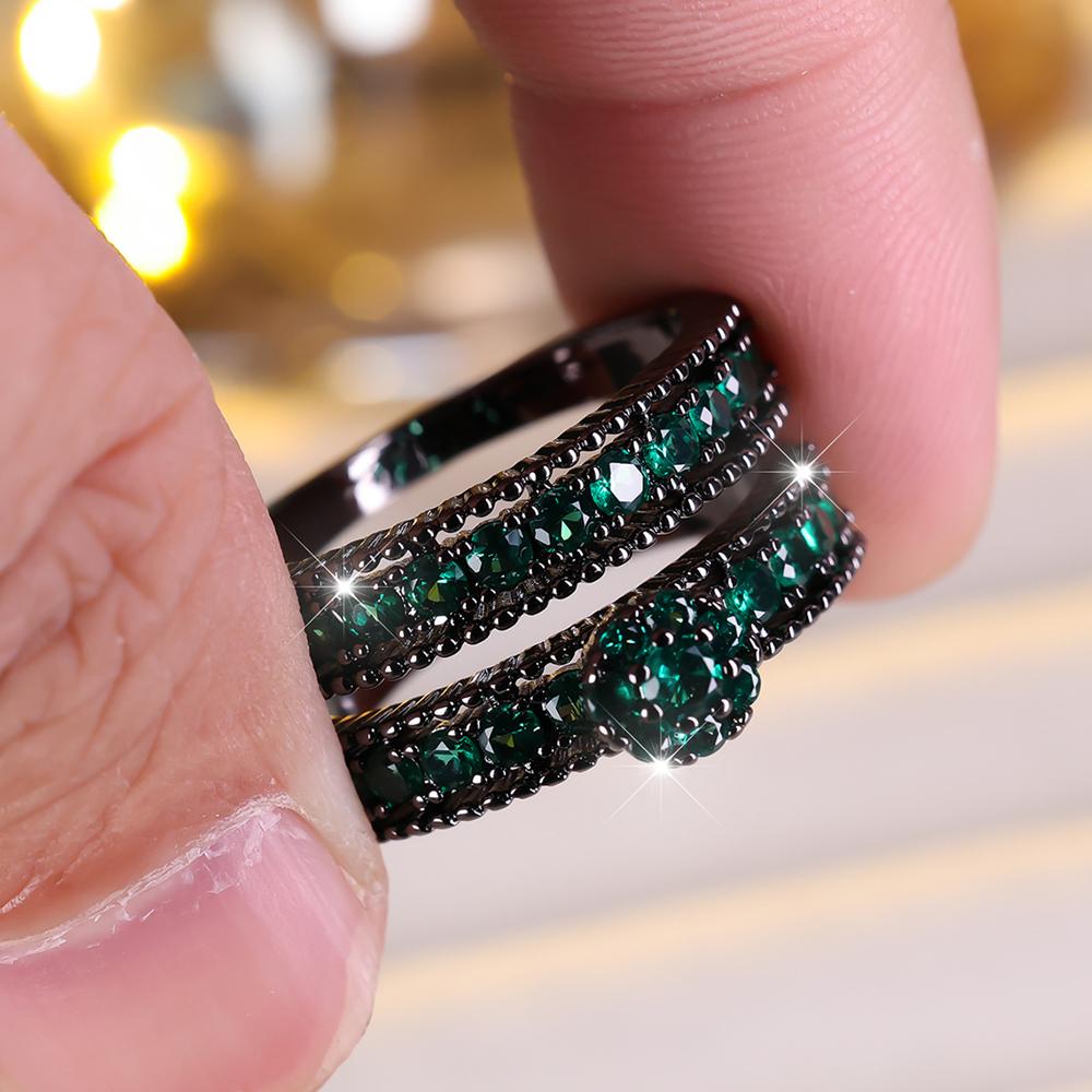 Modisches 2-teiliges Set mit blumenförmigen Zirkonia-Ringen für Frauen, luxuriöse, elegante Verlobungsringe, Party-Schmuckgeschenke 9 grün/schwarz von Joom DACH