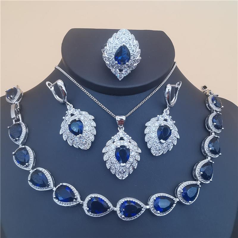 Modisches Braut-Kostüm-Schmuckset für Damen, Zirkonia, Ohrringe, Halskette, Armband, Ring-Set 7 von Joom DACH