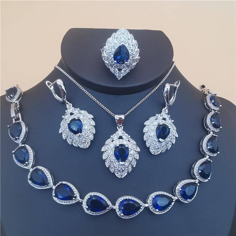 Modisches Braut-Kostüm-Schmuckset für Damen, Zirkonia, Ohrringe, Halskette, Armband, Ring-Set 7 von Joom DACH