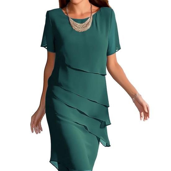 Modisches Chiffon-Kleid für Damen, Rundhalsausschnitt, kurze Ärmel, einfarbig, plissiert, elegantes Damen-Abendparty-Midikleid für Urlaub, Cocktailparty 3XL grün von Joom DACH