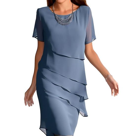Modisches Chiffon-Kleid für Damen, Rundhalsausschnitt, kurze Ärmel, einfarbig, plissiert, elegantes Damen-Abendparty-Midikleid für Urlaub, Cocktailparty XL blau von Joom DACH