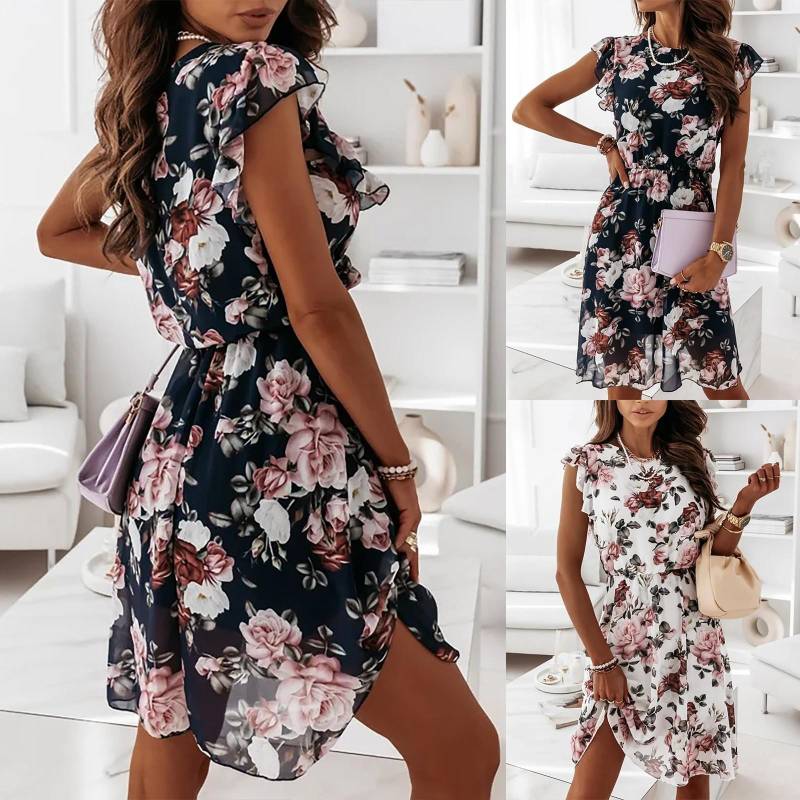 Modisches Damen-Kleid mit Schmetterlingsärmeln und O-Ausschnitt, lässiges, lockeres Kleid mit Blumenmuster M schwarz von Joom DACH