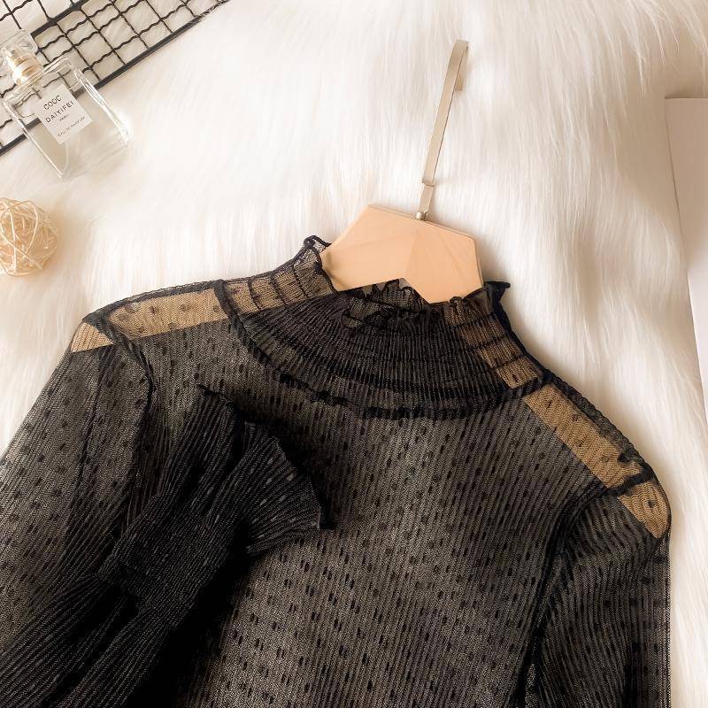 Modisches Halbhoher Kragen Spitzen-Unterhemd Damen Herbst und Winter Innen Kleines Shirt mit Pullover Prinzessinnenstil Glockenärmel Mesh-Bluse XL von Joom DACH