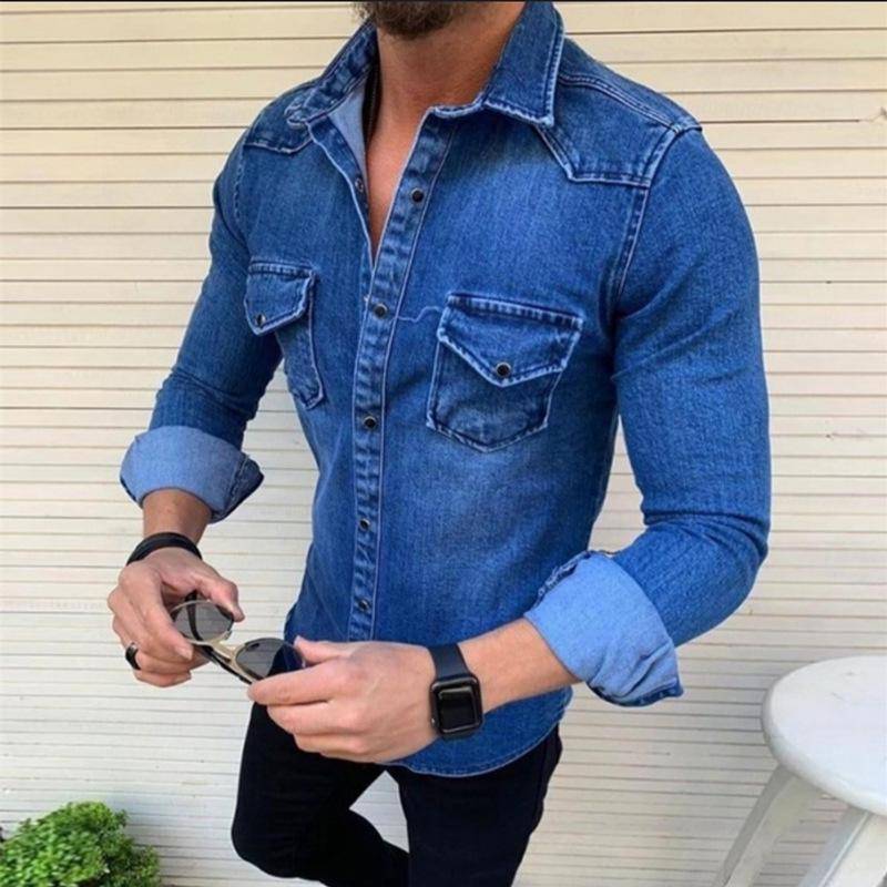 Modisches Herren-Jeansjacke-Langarmshirt L ultramarin blau von Joom DACH