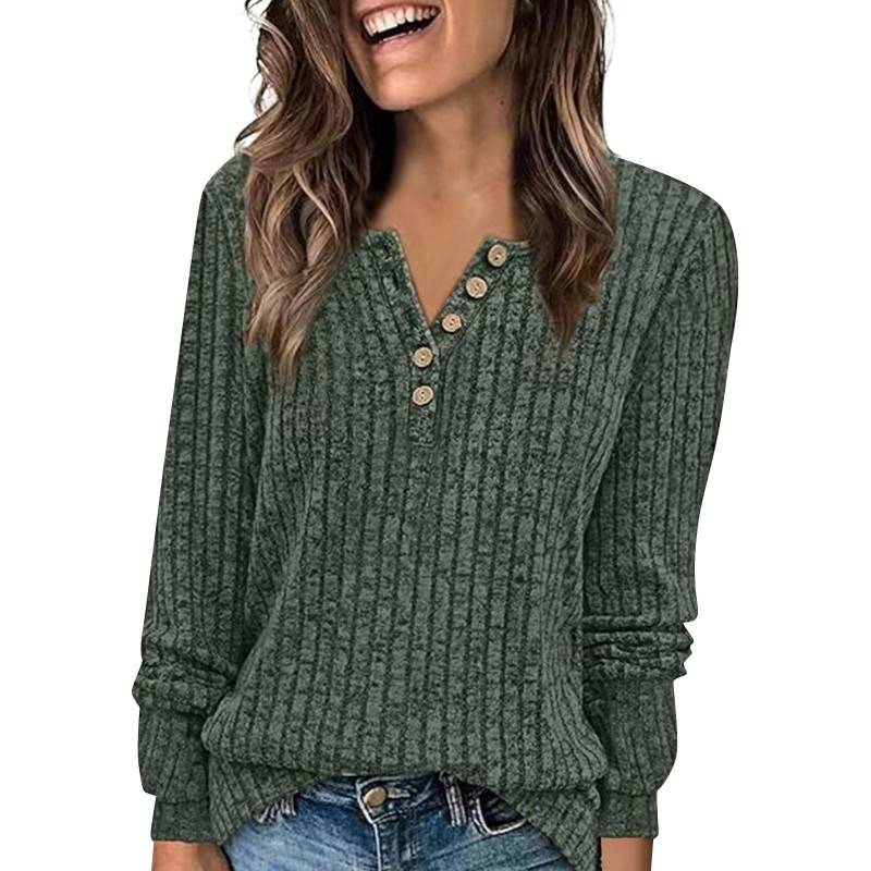 Modisches Langarm-T-Shirt für Damen, einfarbig, mit Knopfverzierung XL dunkelgrüne von Joom DACH