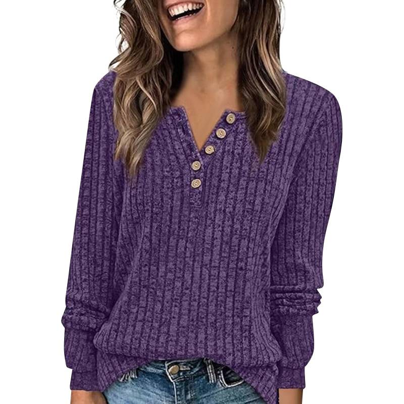 Modisches Langarm-T-Shirt für Damen, einfarbig, mit Knopfverzierung XXL violett Modisches Langarm-T-Shirt für Damen, einfarbig, mit Knopfverzierung XXL violett von Joom DACH