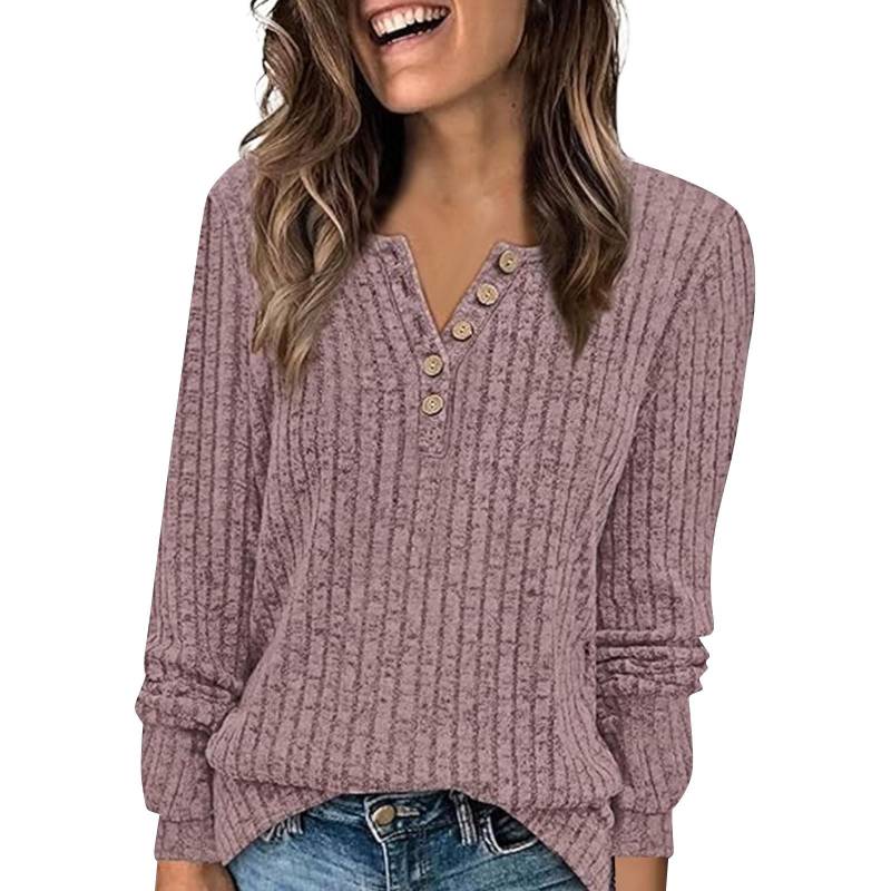 Modisches Langarm-T-Shirt für Damen, einfarbig, mit Knopfverzierung XXL rosa von Joom DACH