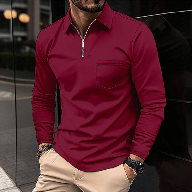 Modisches Poloshirt mit Reißverschlusstasche, langärmelig, sportliches Poloshirt für Herren, einfarbig M bordeaux von Joom DACH