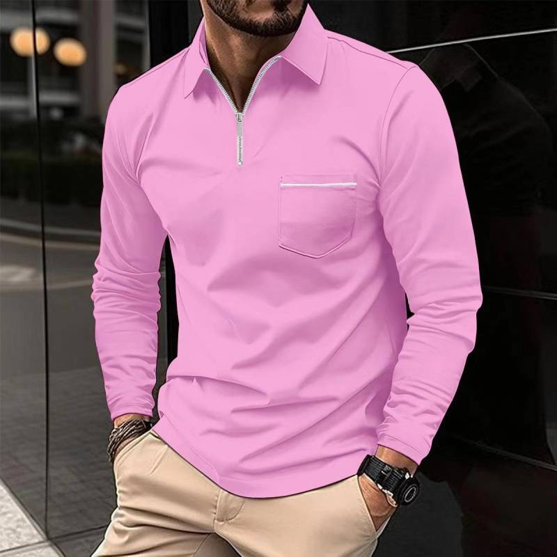 Modisches Poloshirt mit Reißverschlusstasche, langärmelig, sportliches Poloshirt für Herren, einfarbig XL rosa von Joom DACH