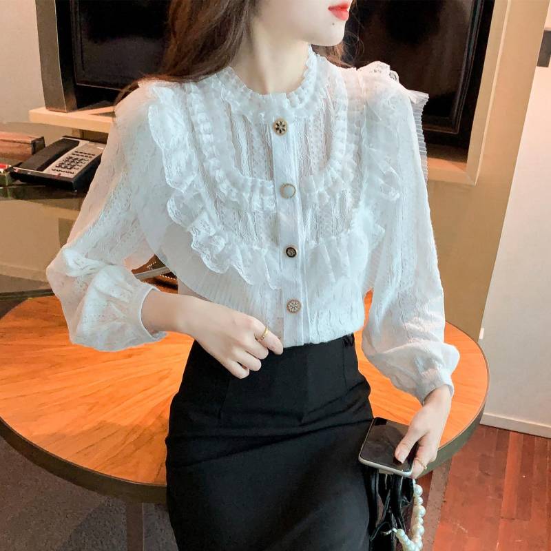 Modisches Samt-Verdicktes Spitzen-Unterhemd für Damen im Herbst und Winter, Neues Stehkragen-Top, Schöne Chiffon-Bluse 2XL von Joom DACH