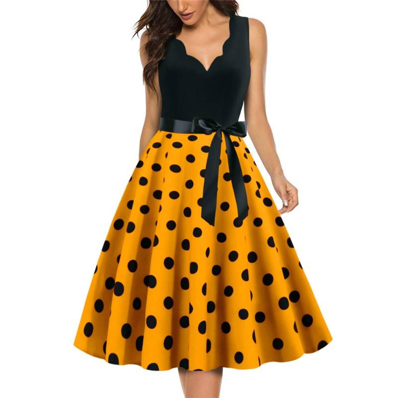 Modisches Swing-Kleid mit Retro-V-Ausschnitt und Polka-Dot-Print für Damen L gelb von Joom DACH