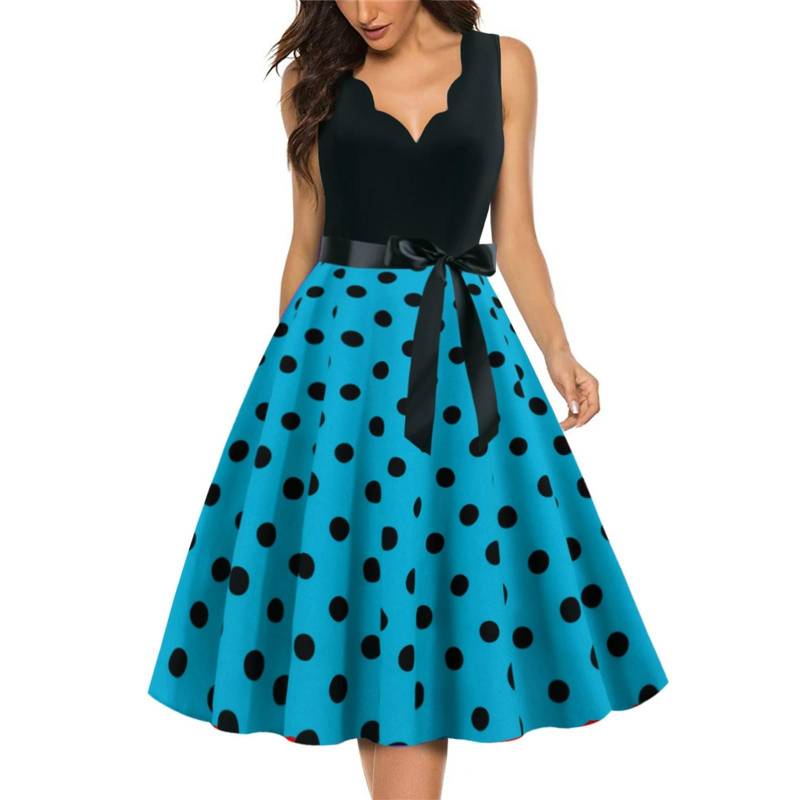 Modisches Swing-Kleid mit Retro-V-Ausschnitt und Polka-Dot-Print für Damen M himmelblaue von Joom DACH