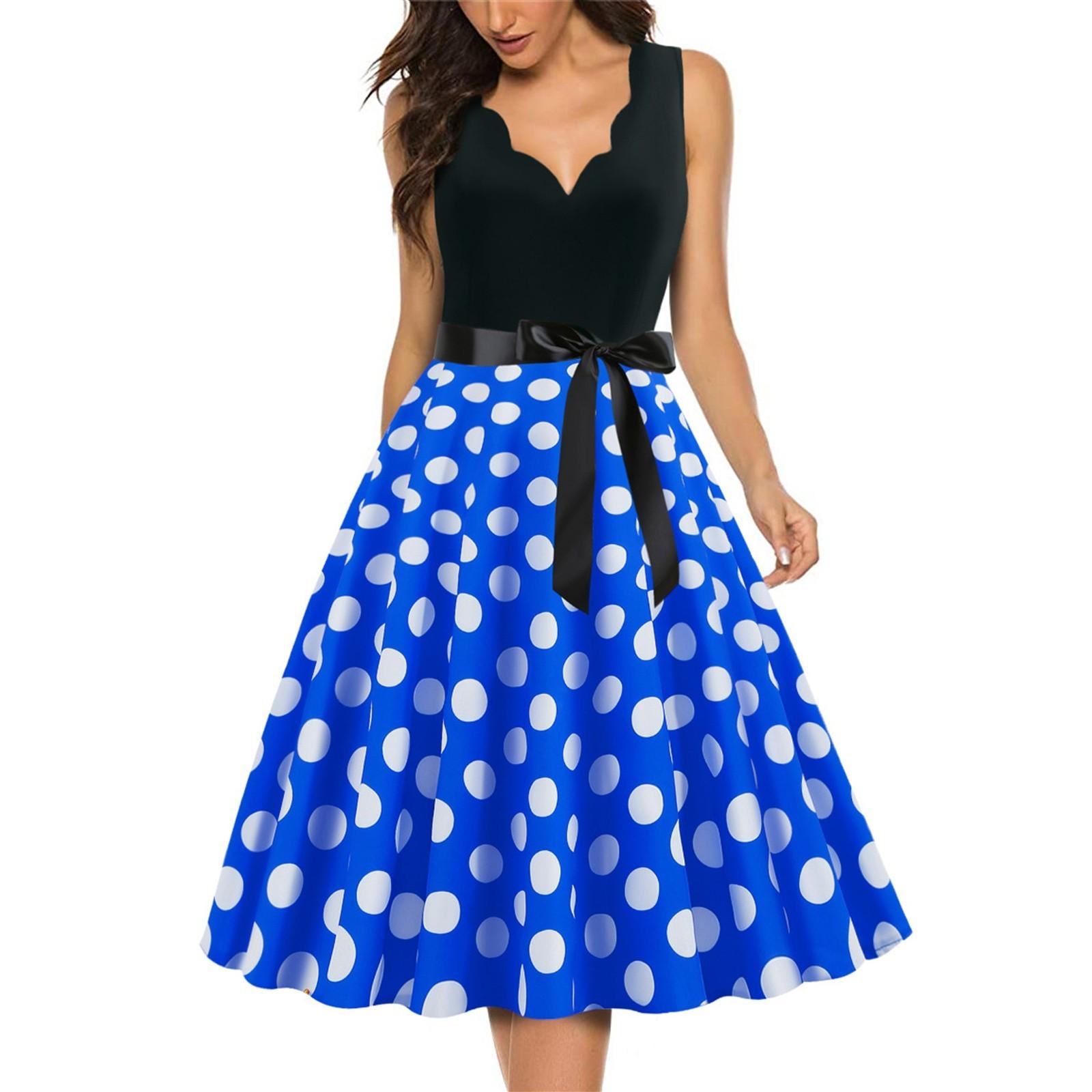 Modisches Swing-Kleid mit Retro-V-Ausschnitt und Polka-Dot-Print für Damen M blau von Joom DACH