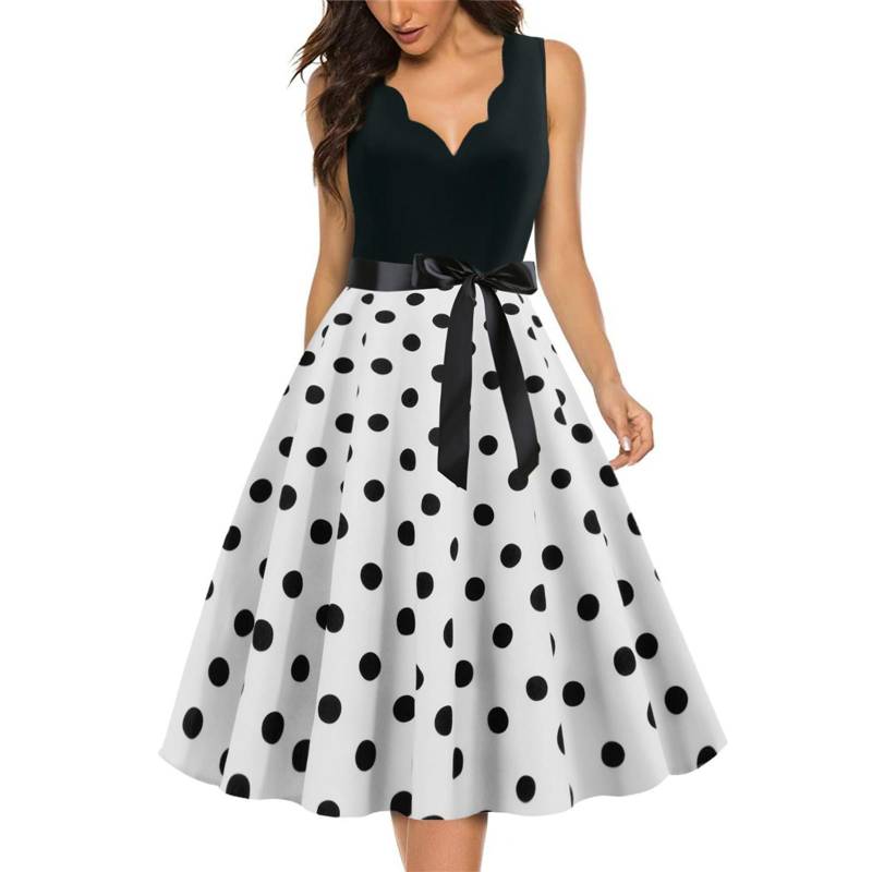 Modisches Swing-Kleid mit Retro-V-Ausschnitt und Polka-Dot-Print für Damen M weiß von Joom DACH