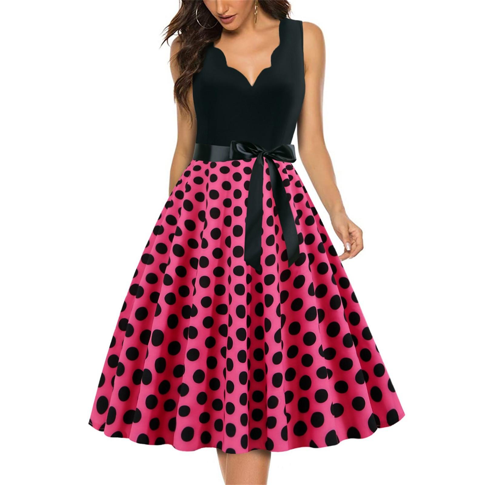 Modisches Swing-Kleid mit Retro-V-Ausschnitt und Polka-Dot-Print für Damen XXXL heißes rosa von Joom DACH