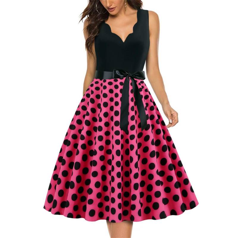Modisches Swing-Kleid mit Retro-V-Ausschnitt und Polka-Dot-Print für Damen XXXL heißes rosa von Joom DACH