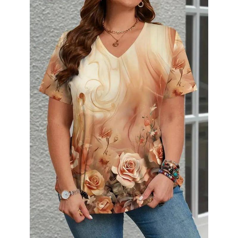Modisches bedrucktes Damen T-Shirt mit weitem Ausschnitt Modisches Übergrößen Kurzarm V-Ausschnitt 3D-gedrucktes T-Shirt 4XL von Joom DACH