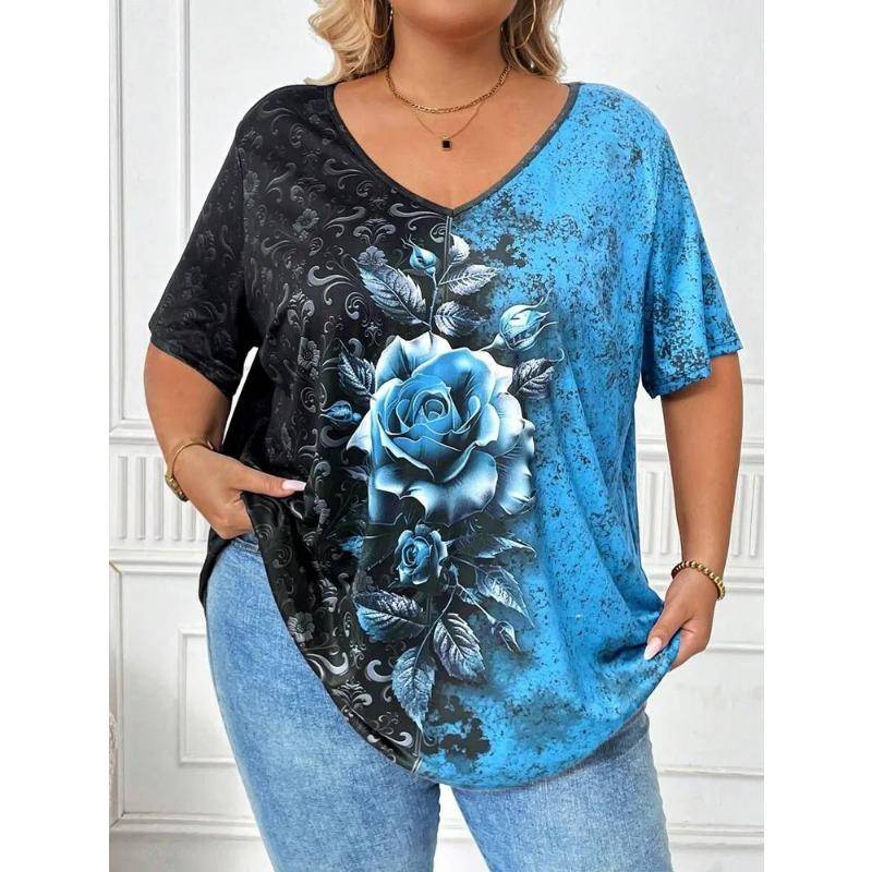 Modisches bedrucktes Damen T-Shirt mit weitem Ausschnitt Modisches Übergrößen Kurzarm V-Ausschnitt 3D-gedrucktes T-Shirt 5XL von Joom DACH