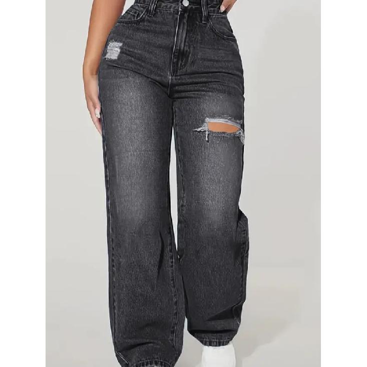 Mom Jeans Damen Denimhose Weites Bein Lange Hose Loch Hohe Taille Gerade Hose Y2k Streetwear Arbeit Spleiß Casual Punk S schwarz von Joom DACH