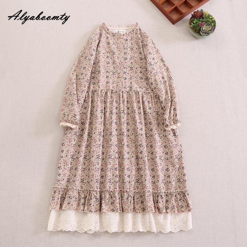 Mori Girl Frühling Herbst Frauen Retro Kleid Stehkragen Blau Apricot Kaffee Blumendruck Kleid Baumwolle Leinen Vintage Lose Midikleid One Size apricot von Joom DACH