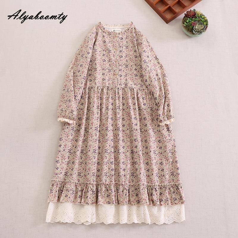 Mori Girl Frühling Herbst Frauen Retro Kleid Stehkragen Blau Apricot Kaffee Blumendruck Kleid Baumwolle Leinen Vintage Lose Midikleid One Size apricot von Joom DACH