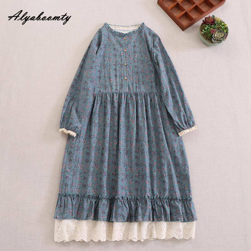 Mori Girl Frühling Herbst Frauen Retro Kleid Stehkragen Blau Apricot Kaffee Blumendruck Kleid Baumwolle Leinen Vintage Lose Midikleid One Size blau von Joom DACH