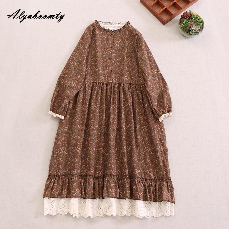 Mori Girl Frühling Herbst Frauen Retro Kleid Stehkragen Blau Apricot Kaffee Blumendruck Kleid Baumwolle Leinen Vintage Lose Midikleid One Size braun von Joom DACH