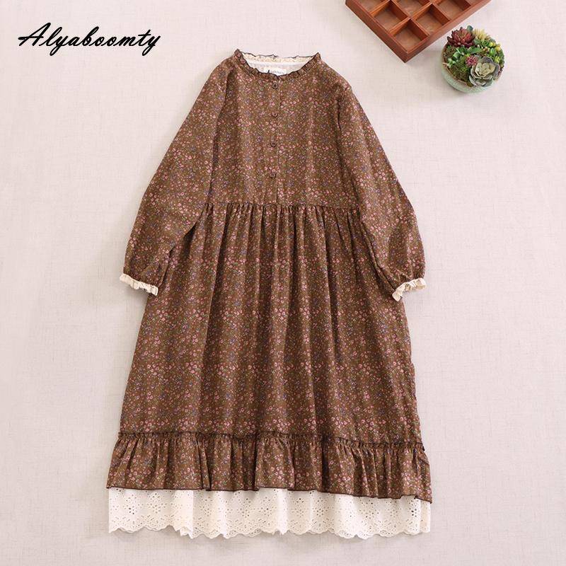 Mori Girl Frühling Herbst Frauen Retro Kleid Stehkragen Blau Apricot Kaffee Blumendruck Kleid Baumwolle Leinen Vintage Lose Midikleid One Size braun von Joom DACH