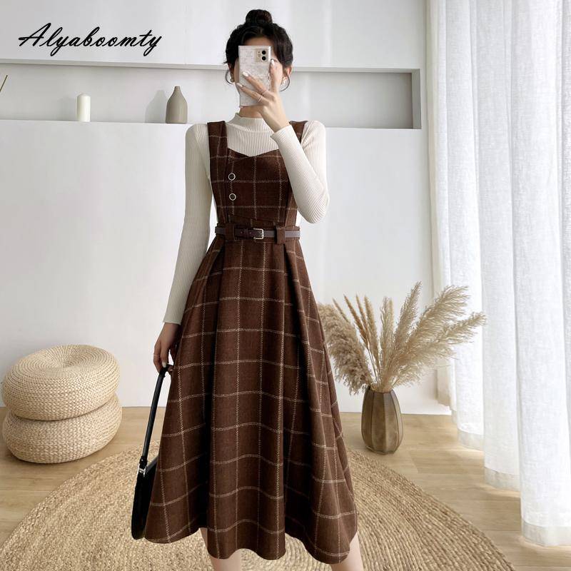 Mori Mädchen Herbst Winter Frauen Woolen Sommerkleid Khaki Blau Grün Woolen Tank Kleid Wolle Englant Ärmelloses Dickes Warmes Kleid M braun von Joom DACH