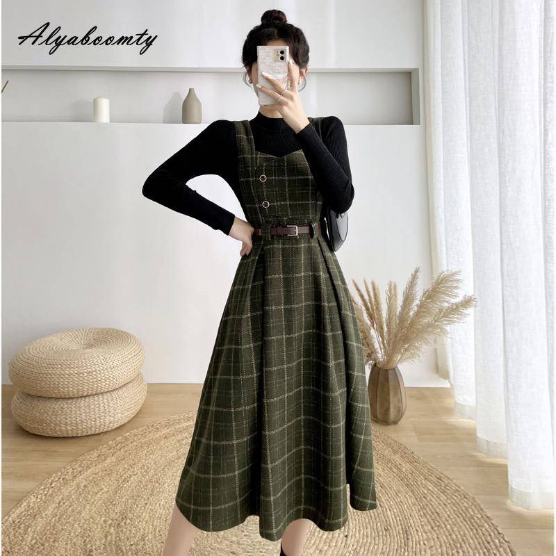 Mori Mädchen Herbst Winter Frauen Woolen Sommerkleid Khaki Blau Grün Woolen Tank Kleid Wolle Englant Ärmelloses Dickes Warmes Kleid S grün von Joom DACH