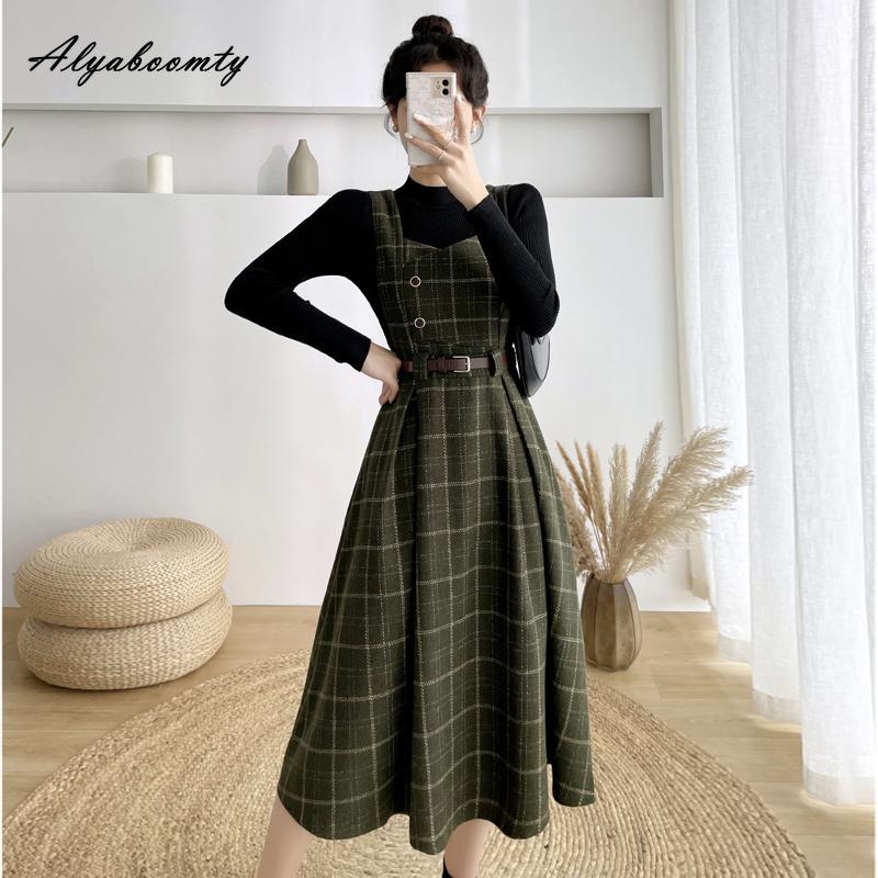 Mori Mädchen Herbst Winter Frauen Woolen Sommerkleid Khaki Blau Grün Woolen Tank Kleid Wolle Englant Ärmelloses Dickes Warmes Kleid XL grün von Joom DACH