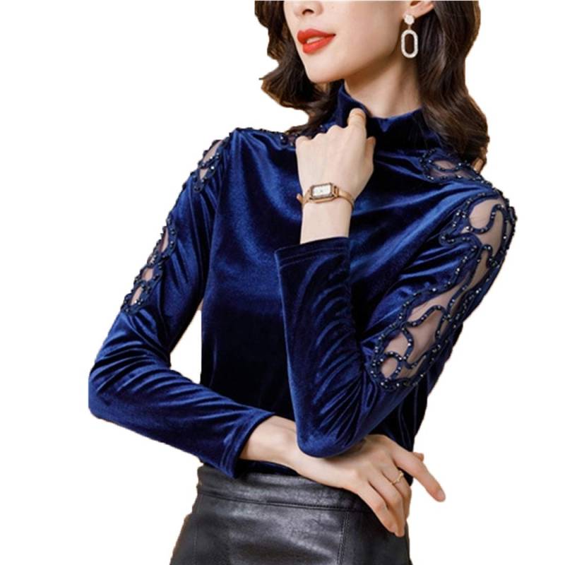 Mouhoukyo Goldener Samt Rollkragen Langarm Durchsichtig Slim Elegant und Erhältlich in 3 Farben Größe Damen Top, T-Shirt, Unterhemd, Schulterfrei blau von Joom DACH