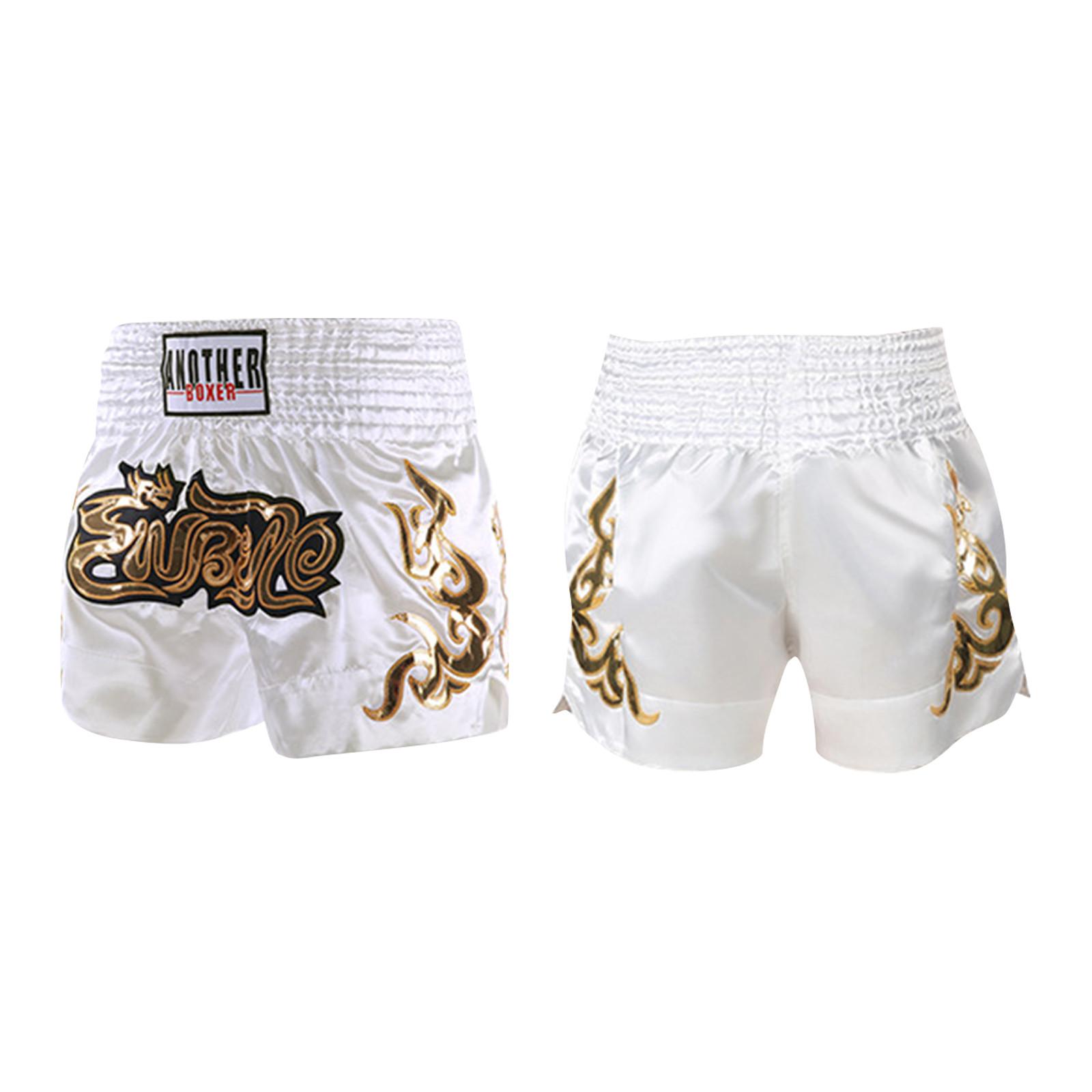 Muay-Thai-Trainings-Boxshorts für Erwachsene und Kinder, mit Leder überzogene bestickte Shorts M weiß Muay-Thai-Trainings-Boxshorts für Erwachsene und Kinder, mit Leder überzogene bestickte Shorts M weiß von Joom DACH