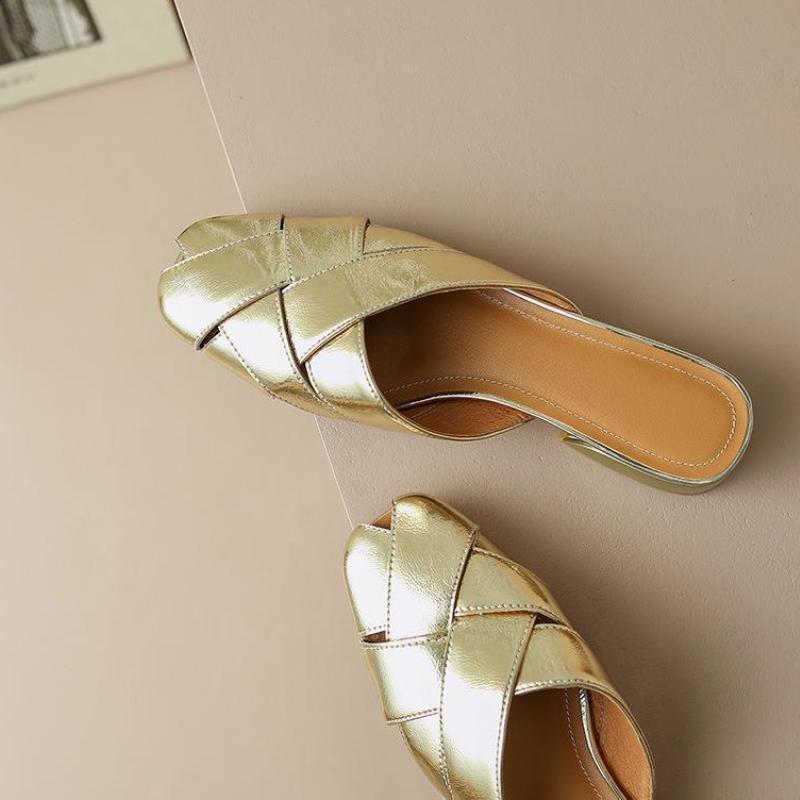 Mueller Schuhe für Damen mit einem hochwertigen Sinn für Oberbekleidung Sommer Neu Runde Zehenpartie Weiches Leder Gewebtes Stirnband Halbe Slipper 38 gold von Joom DACH