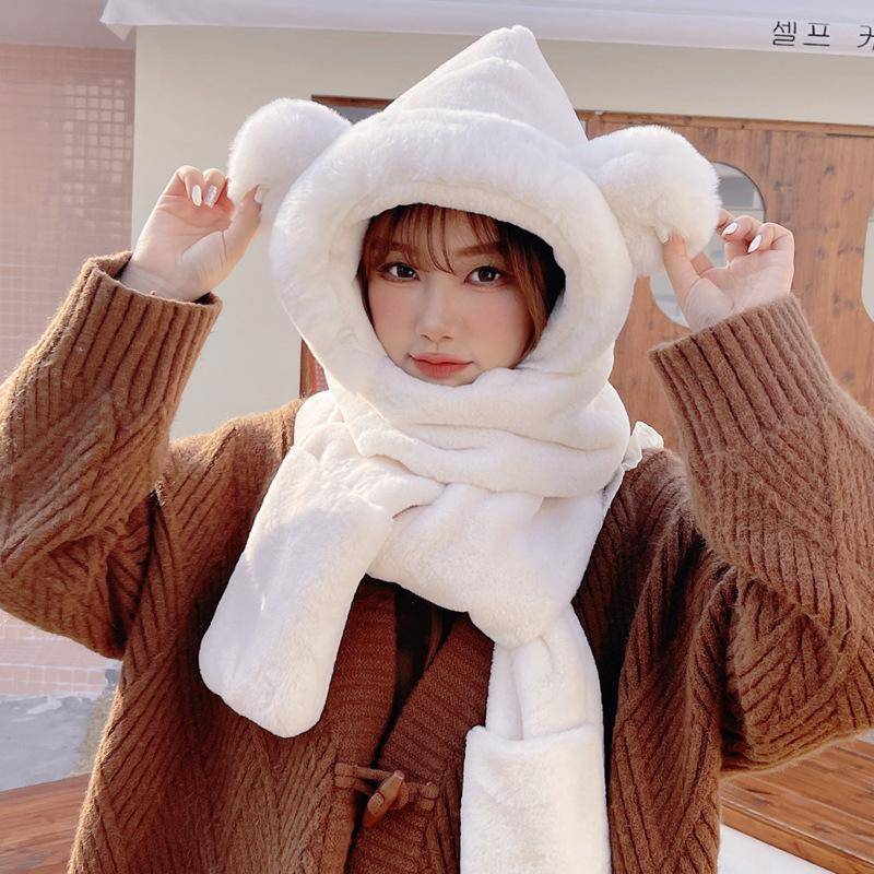 Mütze, Schal, Handschuhe, Einteilige Mütze, Damen, Dick, Warm und Niedlich, Plüschschal, Herbst und Winter weiß von Joom DACH