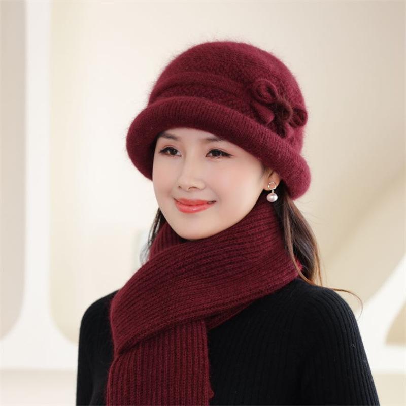 Mütze + Schal + Handschuhe aus dickem Kaninchenhaar-Strickgarn (dreiteiliges Set) Frauen Becken Schal, Hut & Handschuh Sets Mittleren alters Ältere Großmutter one size bordeaux von Joom DACH