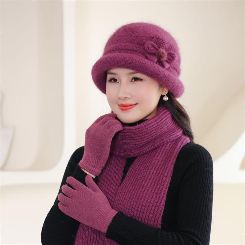 Mütze + Schal + Handschuhe aus dickem Kaninchenhaar-Strickgarn (dreiteiliges Set) Frauen Becken Schal, Hut & Handschuh Sets Mittleren alters Ältere Großmutter one size von Joom DACH