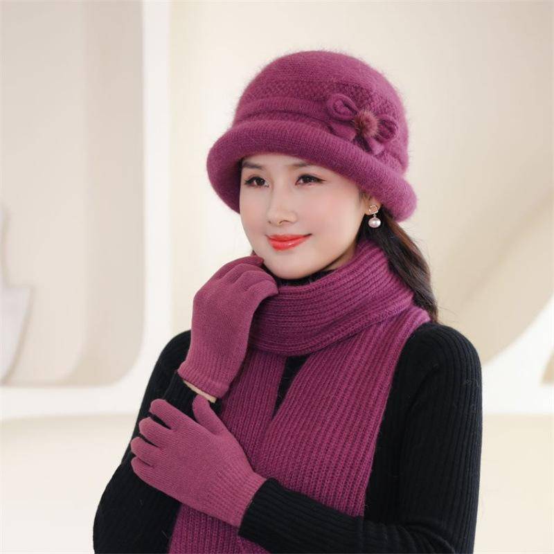 Mütze + Schal + Handschuhe aus dickem Kaninchenhaar-Strickgarn (dreiteiliges Set) Frauen Becken Schal, Hut & Handschuh Sets Mittleren alters Ältere Großmutter one size von Joom DACH
