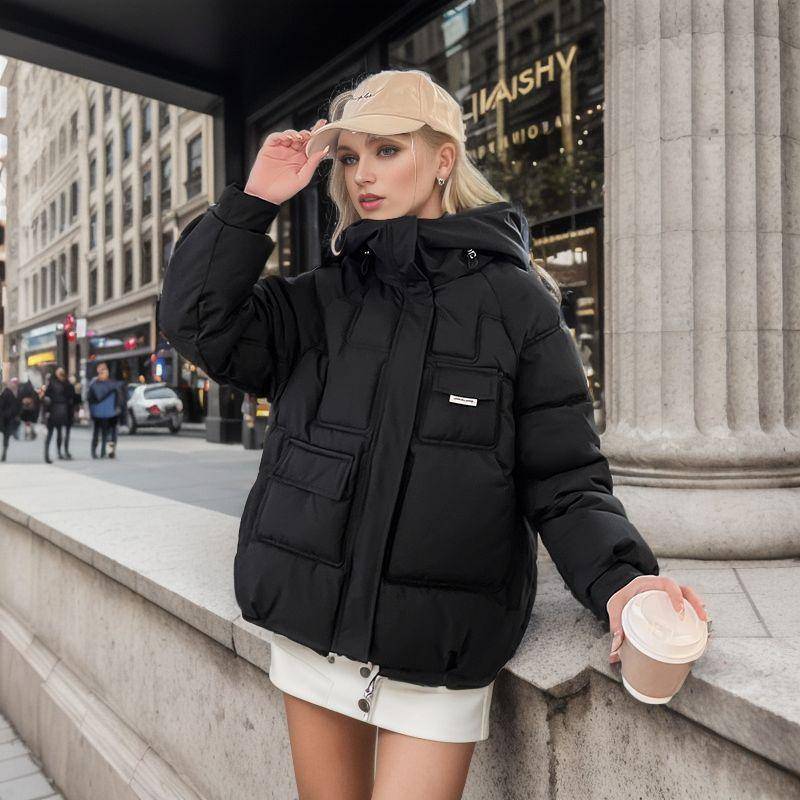 Multi-Pocket-Mode Daunen-Baumwolljacke Frauen kurze lose Winterjacke Top Baumwollmantel L schwarz von Joom DACH