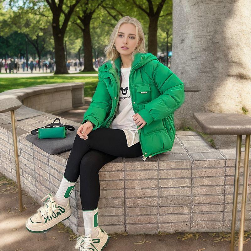 Multi-Pocket-Mode Daunen-Baumwolljacke Frauen kurze lose Winterjacke Top Baumwollmantel S grün von Joom DACH