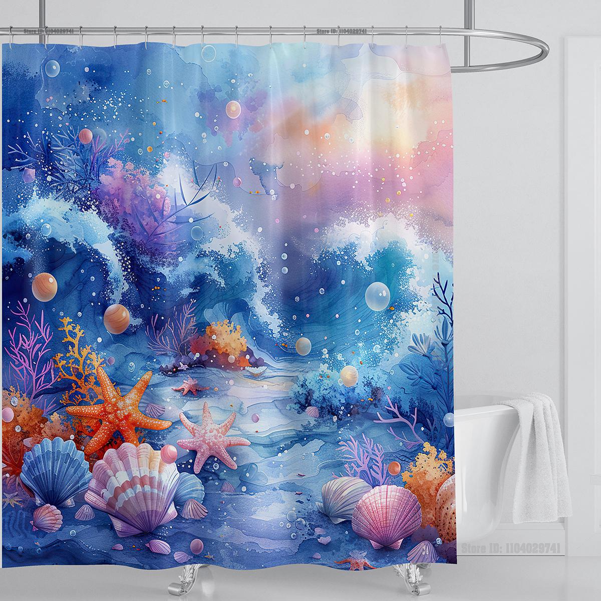 Muschel Seestern Duschvorhang Wasserdichter Duschvorhang Polyesterstoff 3D-bedruckter Vorhang Badezimmerdekoration Mit Haken W240xH180cm von Joom DACH