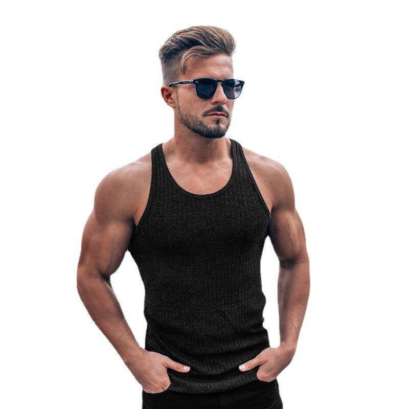 Muscleguys Fitness Ärmelloses T-Shirt Gestrickte Slim-Fit Weste Sportstreifen Gym Stringer Tanktop Herren Einfarbig Mode Singlets Sommerbekleidung L schwarz von Joom DACH