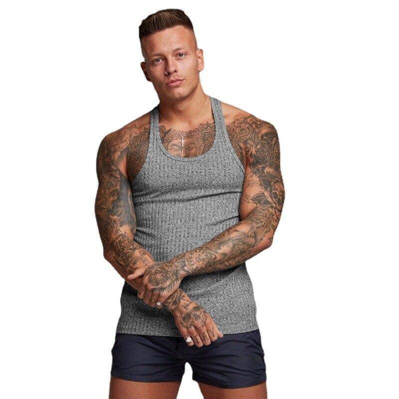 Muscleguys Fitness Ärmelloses T-Shirt Gestrickte Slim-Fit Weste Sportstreifen Gym Stringer Tanktop Herren Einfarbig Mode Singlets Sommerbekleidung L graue von Joom DACH