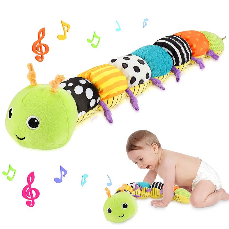 Musikalische Raupe, Stofftierspielzeug, weiches Plüschtier für Kleinkinder mit multisensorischen Knistern, Rasseln und Texturen für Babys im Alter von 0 bis 12 Monaten 60x8x8cm grün von Joom DACH