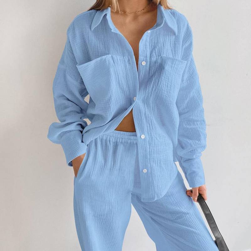 Musselin Damen Pyjama Baumwolle Langarm 2-teiliges Set Nachtwäsche Damen Freizeithosenanzüge Frühling Nachtwäsche Home Suit L blau von Joom DACH