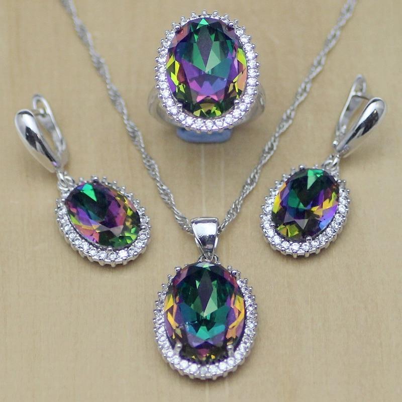 Mystic Rainbow Fire Zirkon Schmuckset Damen 925 Sterling Silber Schmuck Hochzeit Ohrringe/Anhänger/Halskette/Ringe T233 8 von Joom DACH