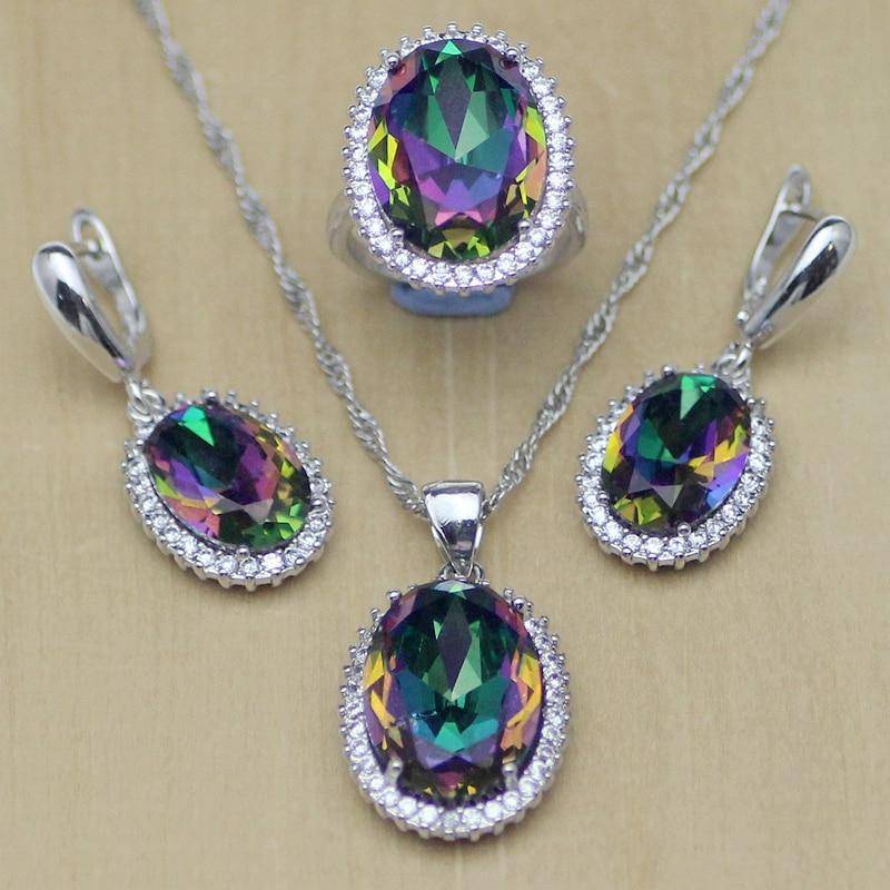 Mystic Rainbow Fire Zirkon Schmuckset Damen 925 Sterling Silber Schmuck Hochzeit Ohrringe/Anhänger/Halskette/Ringe T233 8 von Joom DACH