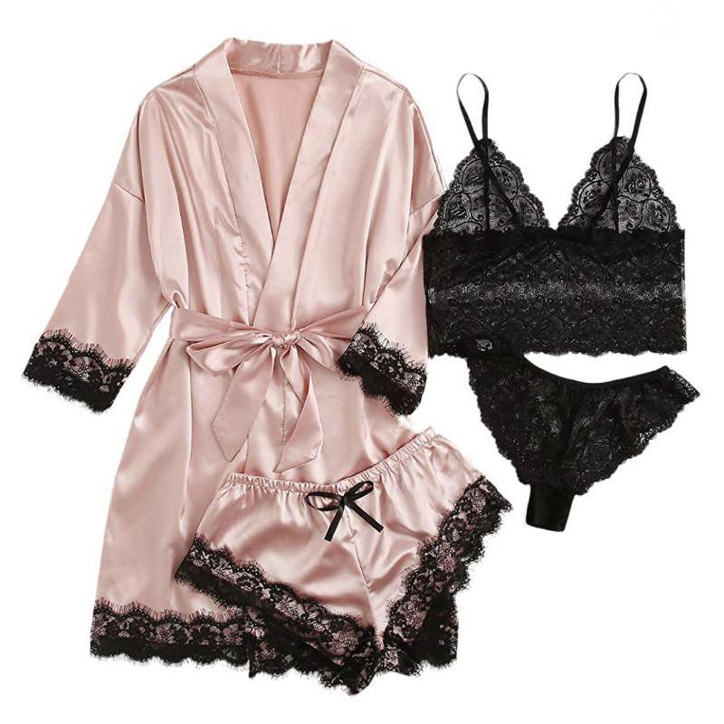 NEU Damen-Pyjama-Set aus reiner Seide und Satin, 4-teilig, Blumen-Spitzenbesatz, Cami-Dessous, Nachtwäsche mit Robe M rosa von Joom DACH