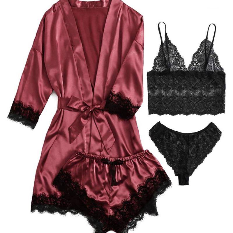 NEU Damen-Pyjama-Set aus reiner Seide und Satin, 4-teilig, Blumen-Spitzenbesatz, Cami-Dessous, Nachtwäsche mit Robe M von Joom DACH